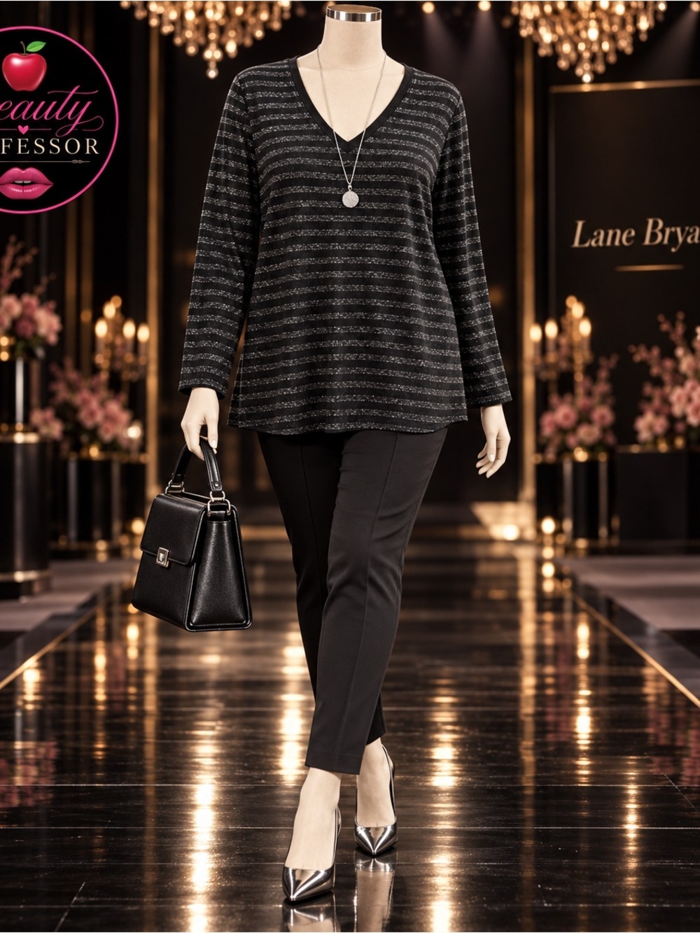 Lane Bryant 14/16 Black Silver Metallic Stripe Pima Cotton V-Neck Tunic Top